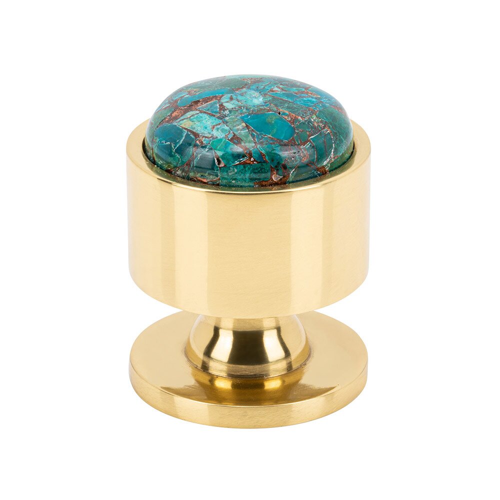1 1/8" Round Mohave Blue Knob in Polished Brass