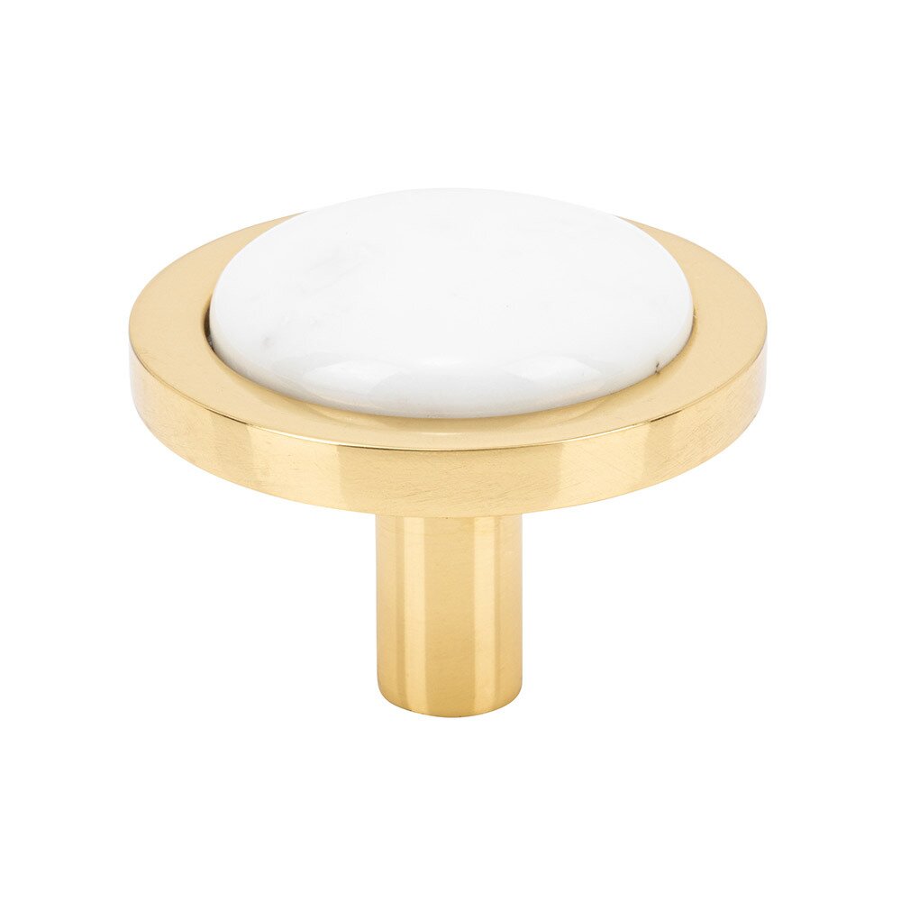 1 9/16" Round Carrara White Knob in Polished Brass