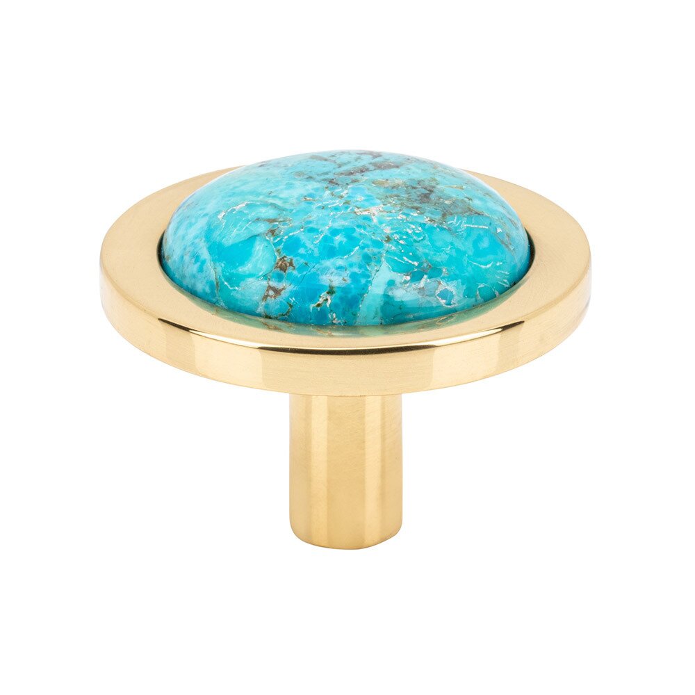 1 9/16" Round Mohave Turquoise Knob in Polished Brass