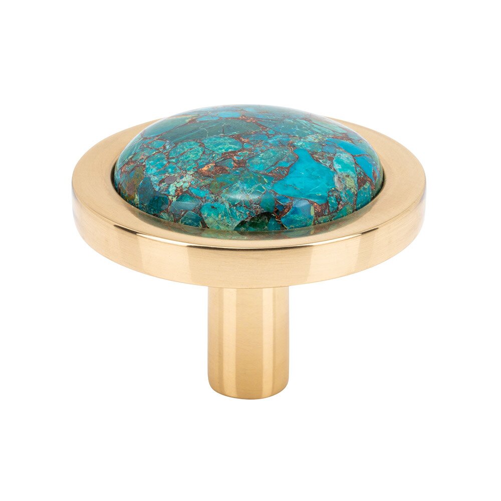 1 9/16" Round Mohave Blue Knob in Polished Brass